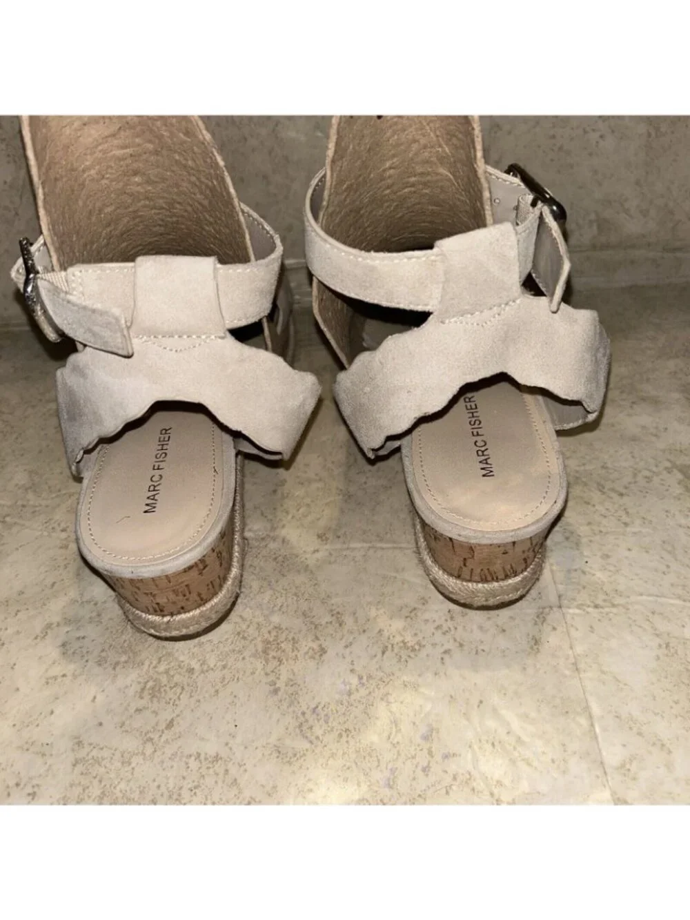 Marc Fisher Faitful Beige Leather Ankle Strap Platform Cork Open Toe Sandals 8.5